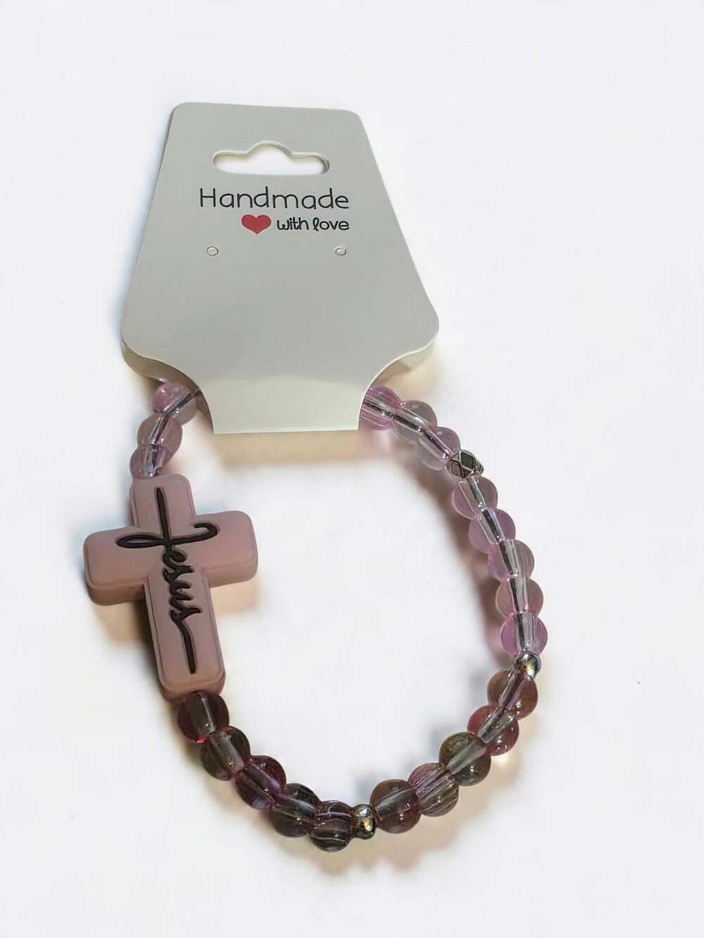 Beaded Jesus  Cross Bracelet Pink